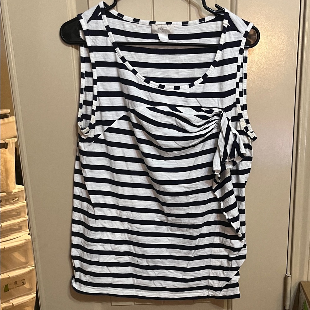 LOFT Black and White Striped Ruches Large Tank Top